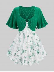 Haut Texturé Croisé Fleur Brodée à Bretelle de Grande Taille à Manches Bouffantes à Volants - Vert M | US 10