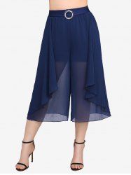 Plus Size Glitter Sparkling Rhinestone Buckle Chiffon Textured Layered Ruffles Solid Pockets Culottes Pants -  