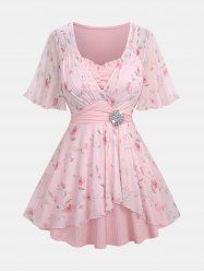 Plus Size Rose Flower Print Mesh Tulip Hem Buckle Ruffles Ruched Surplie Ribbed Textured 2 In 1 Top -  