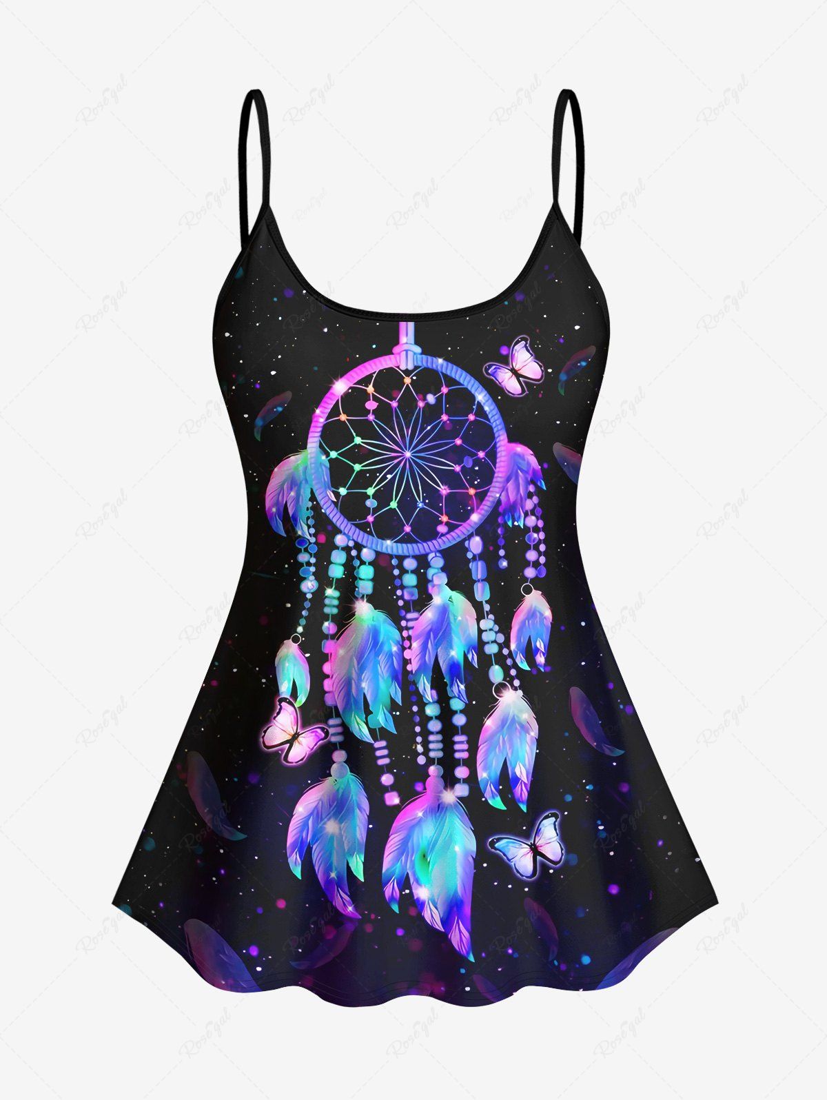 Unique Fashion Glitter Colorful Feather Dreamcatcher Butterfly Galaxy Print Tankini Top(Adjustable Shoulder Strap)  
