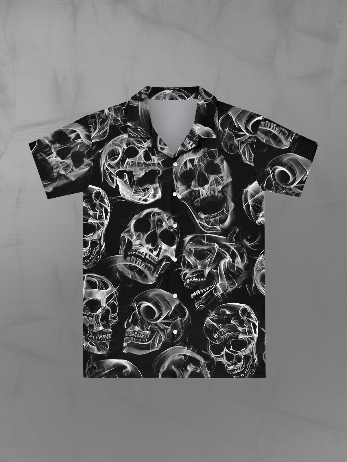 Chemise Gothique Crâne en Feu Imprimé à Col Relevé avec Boutons pour Homme Noir 6XL