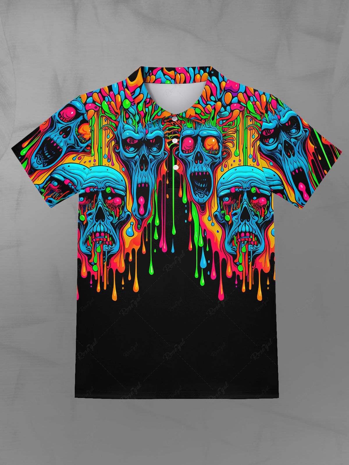 Sale Gothic Turn-down Collar Colorful Paint Drop Skulls Print Buttons Polo Shirt For Men  