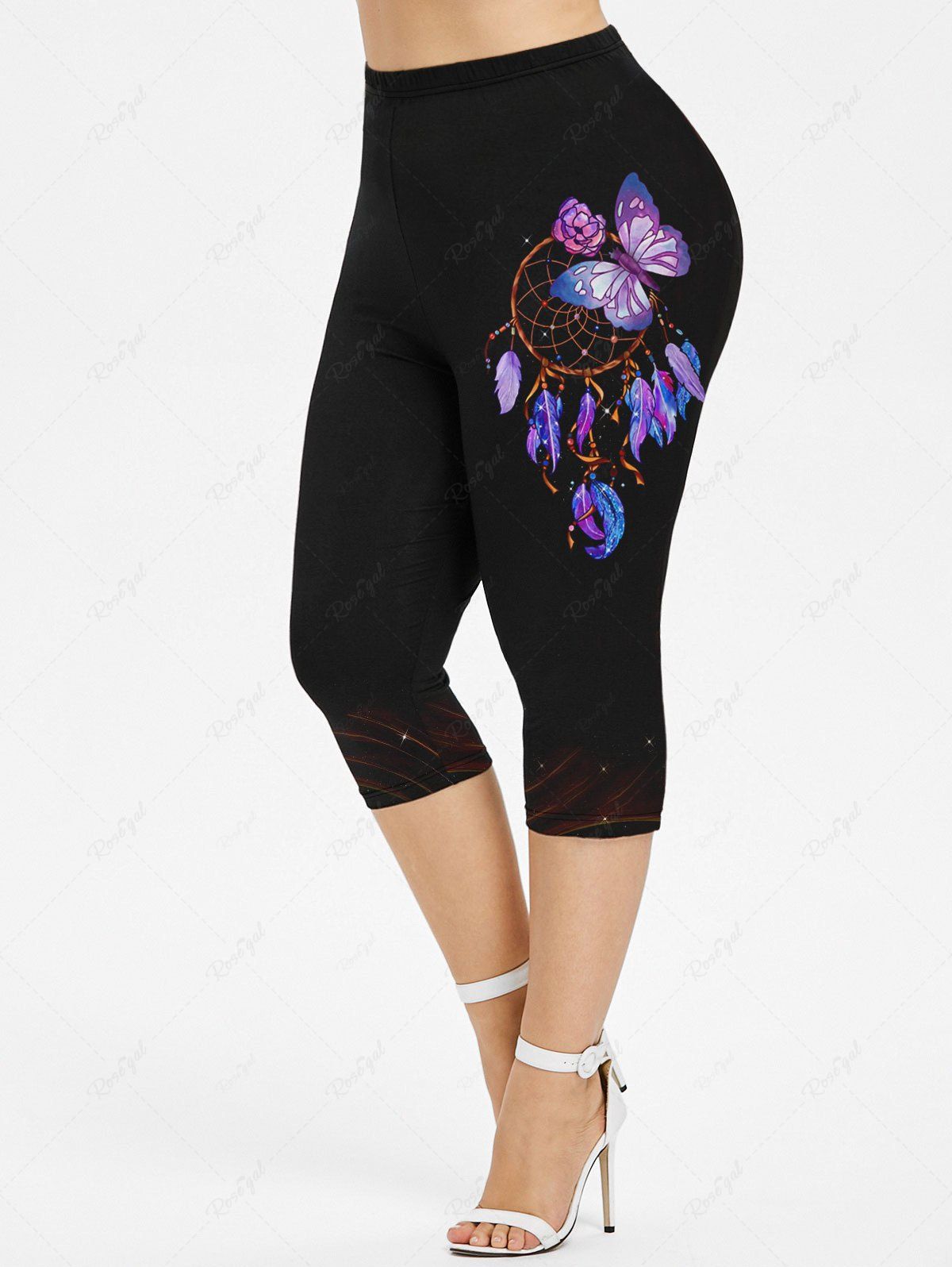 Outfits Plus Size Feather Dreamcatcher Butterfly Floral Galaxy Print Capri Leggings  