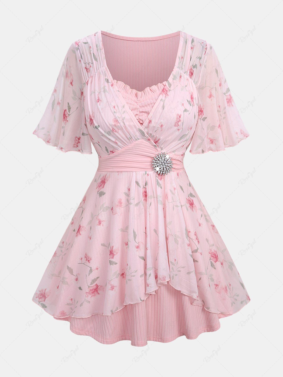 New Plus Size Rose Flower Print Mesh Tulip Hem Buckle Ruffles Ruched Surplie Ribbed Textured 2 In 1 Top  