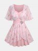 Plus Size Rose Flower Print Mesh Tulip Hem Buckle Ruffles Ruched Surplie Ribbed Textured 2 In 1 Top -  