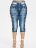 Plus Size Pockets Grommets Buckles Distressed Denim 3D Print Capri Leggings -  