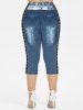 Plus Size Pockets Grommets Buckles Distressed Denim 3D Print Capri Leggings -  