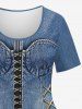 T-shirt 3D Boucles en Denim Imprimé Grande Taille à Lacets - Bleu-gris 6X
