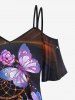 T-shirt Papillon Ombre Galaxie Fleuri Etoile Imprimés à Epaule Dénudée de Grande Taille à Paillettes - Noir S