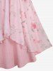 Plus Size Rose Flower Print Mesh Tulip Hem Buckle Ruffles Ruched Surplie Ribbed Textured 2 In 1 Top -  