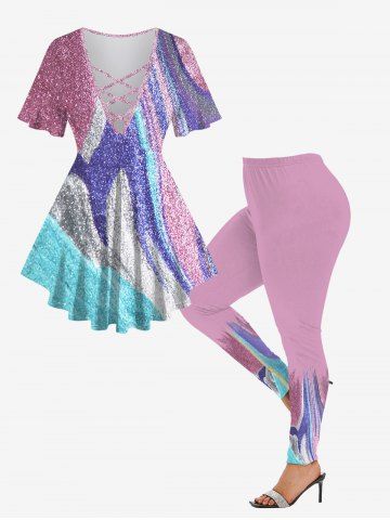 Sparkling Sequin Glitter Colorblock 3D Printed Lattice Crisscross Flare Sleeve T-shirt and Leggings Plus Size Matching Set