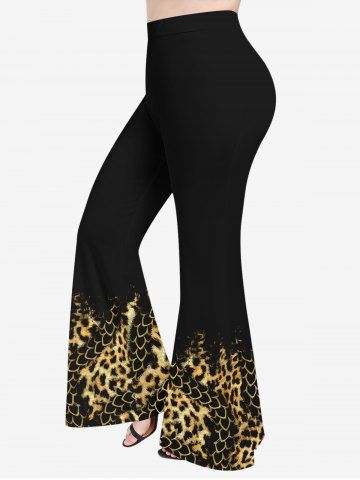 Plus Size Leopard Dragon Scale Print Pull On Flare Pants - BLACK - 1X