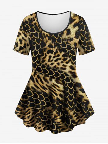 Plus Size Leopard Dragon Scale Print Short Sleeves T-shirt - BLACK - XS