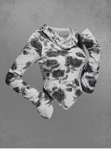 Gothic Distressed Floral Print Asymmetric Hooded Long Sleeves T-shirt - GRAY - 1X | US 14-16