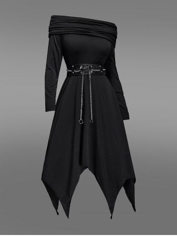 Gothic Floral Lace Chain Belt Asymmetric Ruched Hooded Dress - BLACK - S | US 8