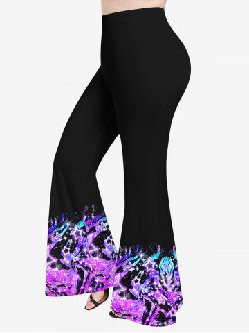 Plus Size Glitter Sparkling Stars Ombre Striped Colorblock Print Pull On Flare Pants - BLACK - S