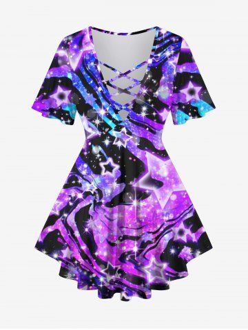 Plus Size Glitter Sparkling Stars Ombre Striped Colorblock Print Lattice T-shirt - PURPLE - XS