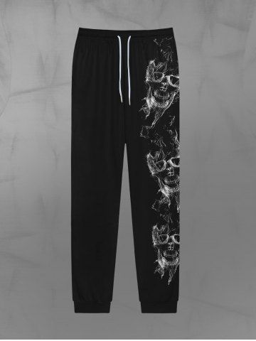 Gothic Fire Skulls Print Drawstring Pocket Jogger Sweatpants For Men - BLACK - XXS