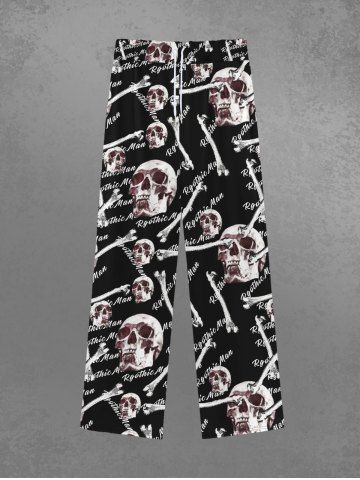 Gothic 3D Skulls Bone Letters Print Drawstring Wide Leg Sweatpants For Men - BLACK - L