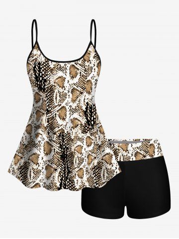 Fashion Heart Snake Scale Print Boyleg Backless Tankini Swimsuit (Adjustable Shoulder Strap) - BLACK - 1X