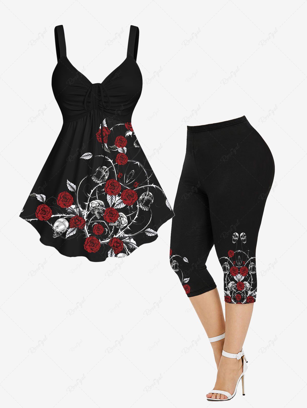 Trendy Rose Flower Leaf Printed Cinched Tank Top and Capri Leggings Plus Size Matching Set  