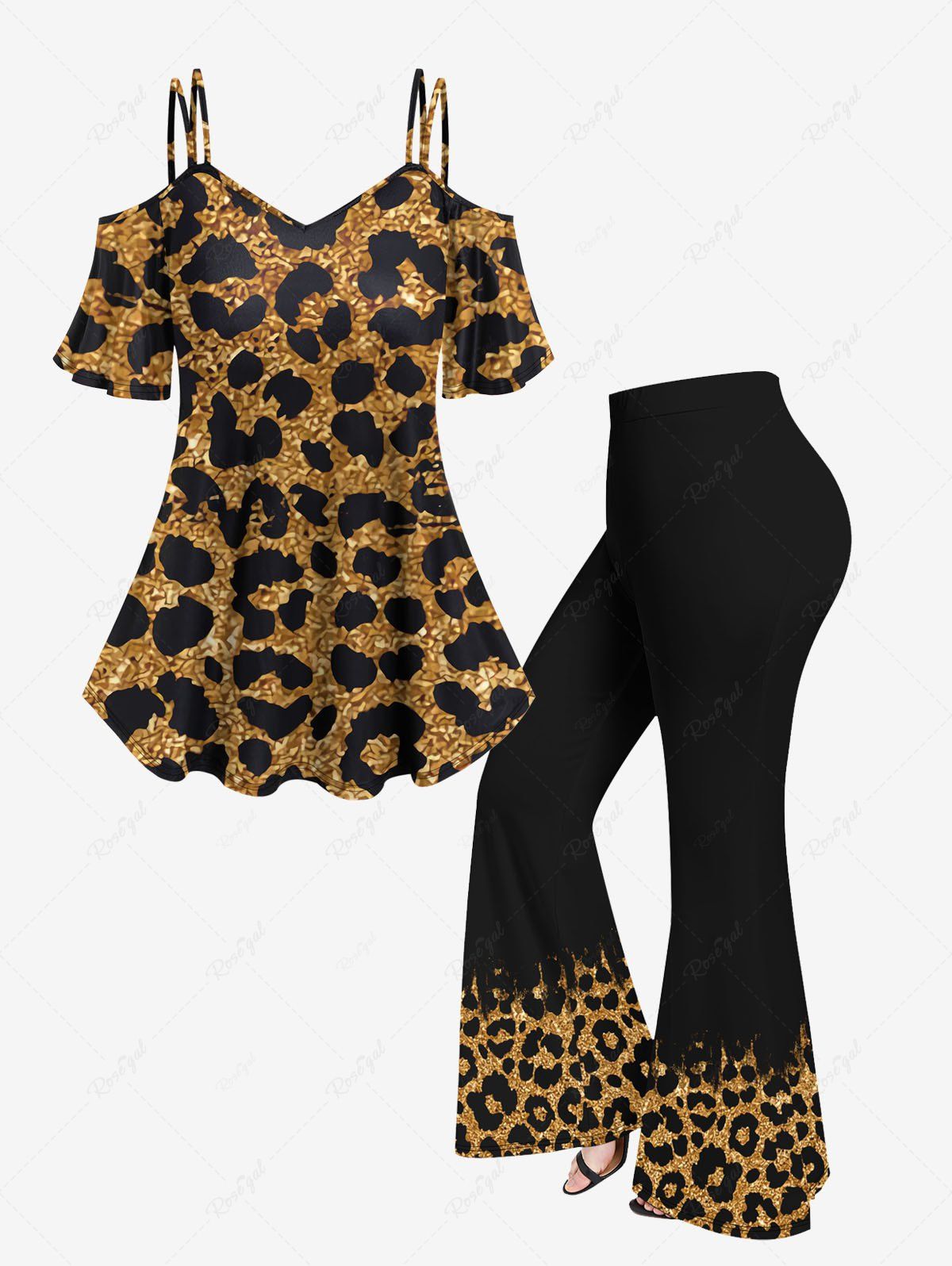 Buy Leopard Glitter Sparkling Sequin 3D Printed Cold Shoulder T-shirt and Flare Pants Plus Size Outfit  