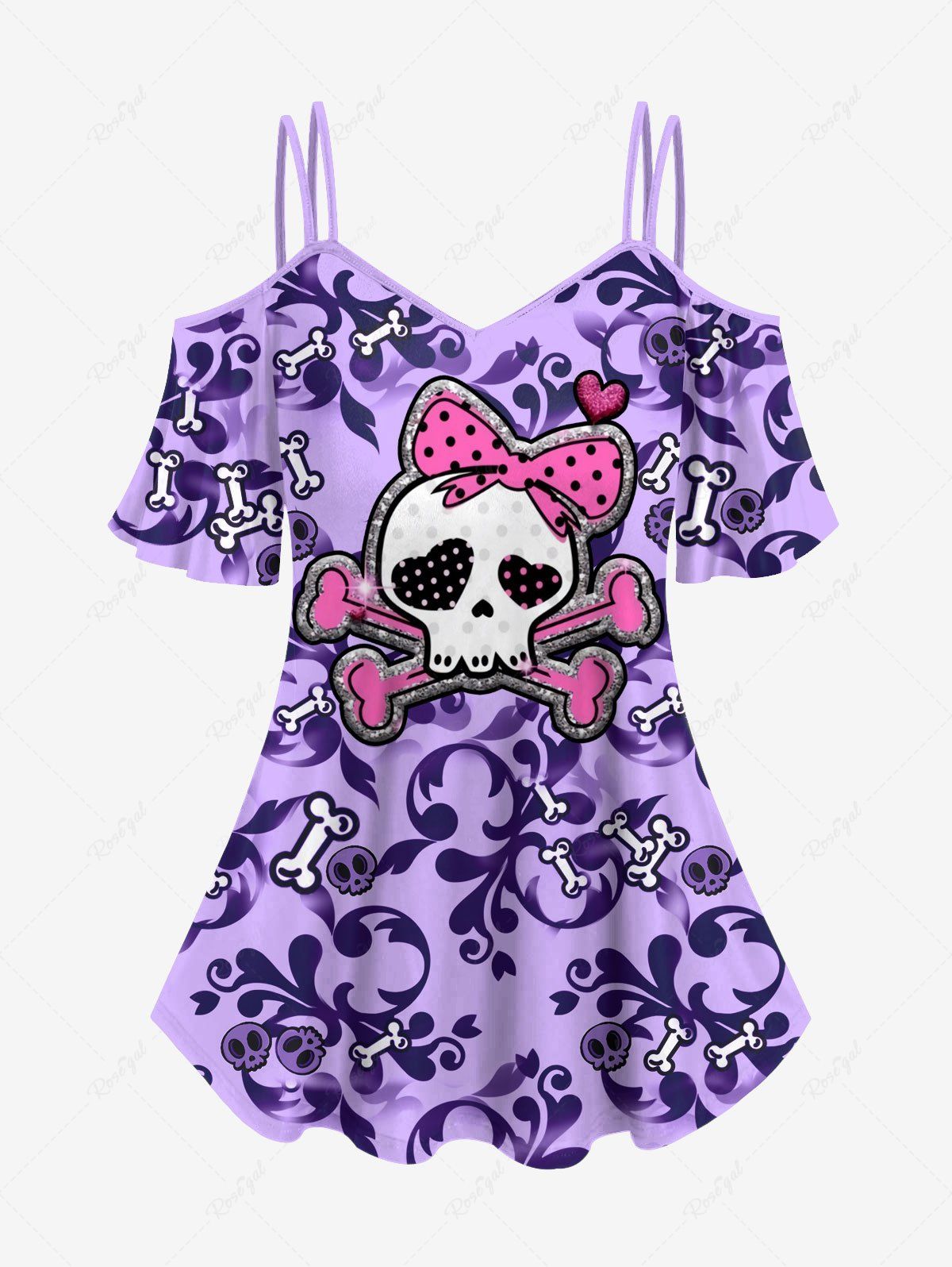 Store Plus Size Cold Shoulder Vintage Flower Skulls Bone Bowknot Heart Print Cami T-shirt  