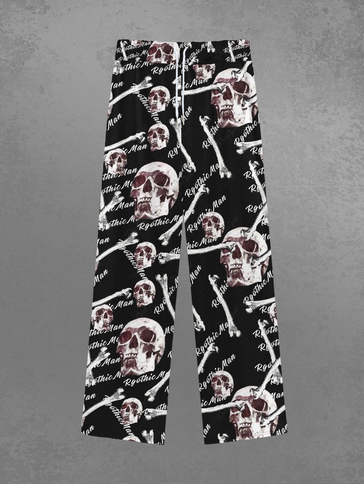 Trendy Gothic 3D Skulls Bone Letters Print Drawstring Wide Leg Sweatpants For Men  