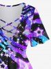 Plus Size Glitter Sparkling Stars Ombre Striped Colorblock Print Lattice T-shirt -  