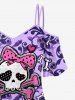 Plus Size Cold Shoulder Vintage Flower Skulls Bone Bowknot Heart Print Cami T-shirt -  