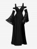 Gothic Flower Rose Lace Bell Sleeves Cold Shoulder Stripe Panel Ruched A Line Dress -  
