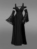 Gothic Flower Rose Lace Bell Sleeves Cold Shoulder Stripe Panel Ruched A Line Dress -  