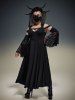 Gothic Flower Rose Lace Bell Sleeves Cold Shoulder Stripe Panel Ruched A Line Dress -  