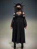 Gothic Flower Rose Lace Bell Sleeves Cold Shoulder Stripe Panel Ruched A Line Dress -  