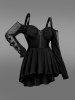 Gothic PU Panel Ruched Zipper Fishnet Off The Shoulder High Low T-shirt -  