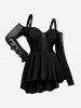 Gothic PU Panel Ruched Zipper Fishnet Off The Shoulder High Low T-shirt -  