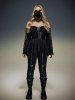 Gothic PU Panel Ruched Zipper Fishnet Off The Shoulder High Low T-shirt -  