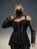 Gothic PU Panel Ruched Zipper Fishnet Off The Shoulder High Low T-shirt -  