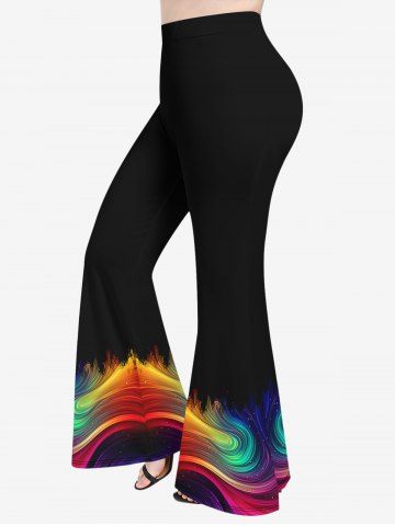 Plus Size Rainbow Color Paint Swirls Print Flare Pants - BLACK - 3X