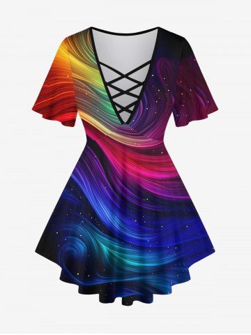 Plus Size Galaxy Rainbow Color Swirls Glitter Print Lattice Crisscross Flare Sleeve T-shirt