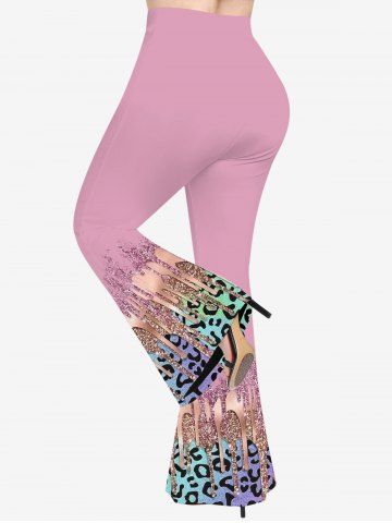 Plus Size Leopard Paint Drop Blobs Sparkling Sequin Glitter 3D Print Flare Pants - LIGHT PINK - S