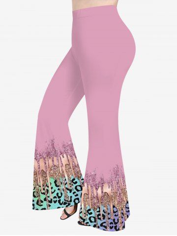 Plus Size Leopard Paint Drop Blobs Sparkling Sequin Glitter 3D Print Flare Pants - LIGHT PINK - 4X