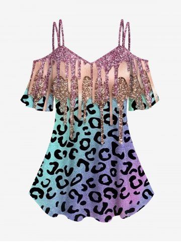 Plus Size Paint Drop Blobs Leopard Glitter Sparkling Sequin 3D Print Cold Shoulder T-shirt - MULTI-A - 1X