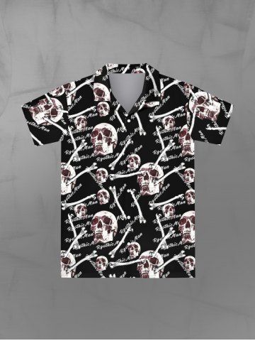 Gothic Turn-down Collar Skulls Bone Letters Print Buttons Shirt For Men - BLACK - XS