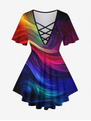 Plus Size Galaxy Rainbow Color Swirls Glitter Print Lattice Crisscross Flare Sleeve T-shirt -  