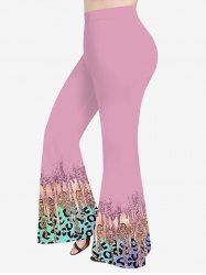 Pantalon Evasé Brillant 3D Léopard Imprimé Peinture de Grande Taille à Paillettes - Rose clair 6X