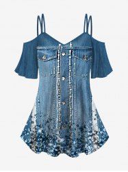 Plus Size Cold Shoulder 3D Glitter Sparkling Sequins Buttons Pearl Pocket Denim Print Ombre T-shirt -  