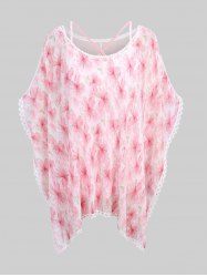 Plus Size Crisscross Cami Top And Flowers Print Lace Trim Sheer Mesh Asymmetrical Plisse Blouse -  