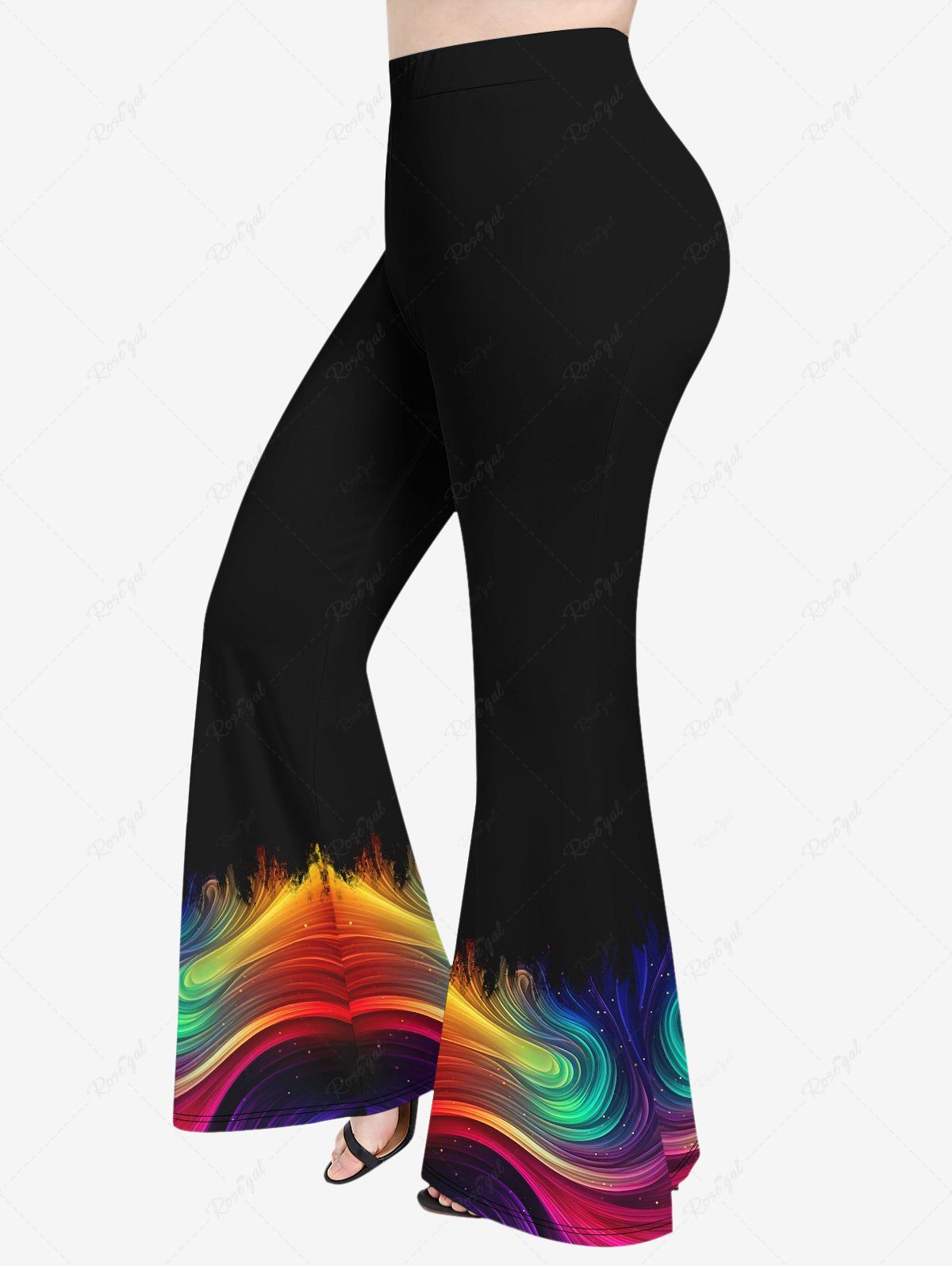 Sale Plus Size Rainbow Color Paint Swirls Print Flare Pants  