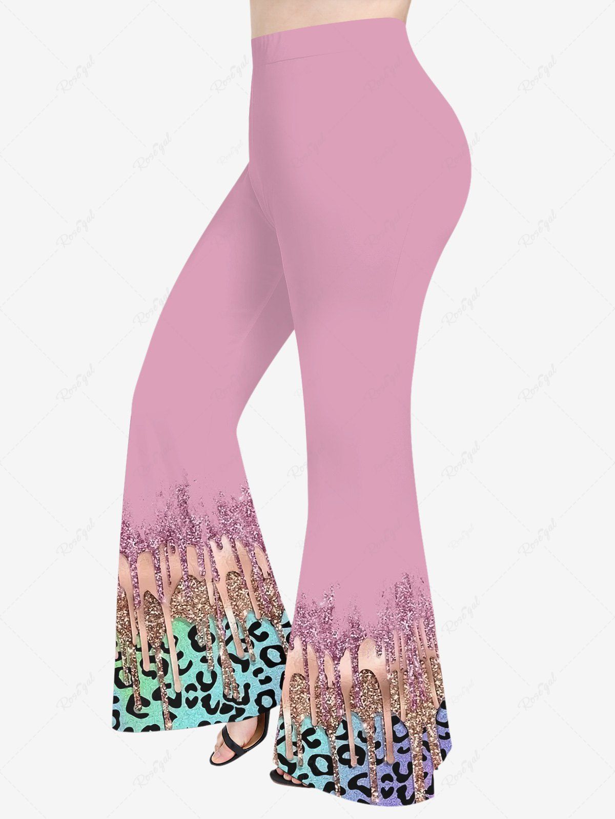 Pantalon Evasé Brillant 3D Léopard Imprimé Peinture de Grande Taille à Paillettes Rose clair 6X